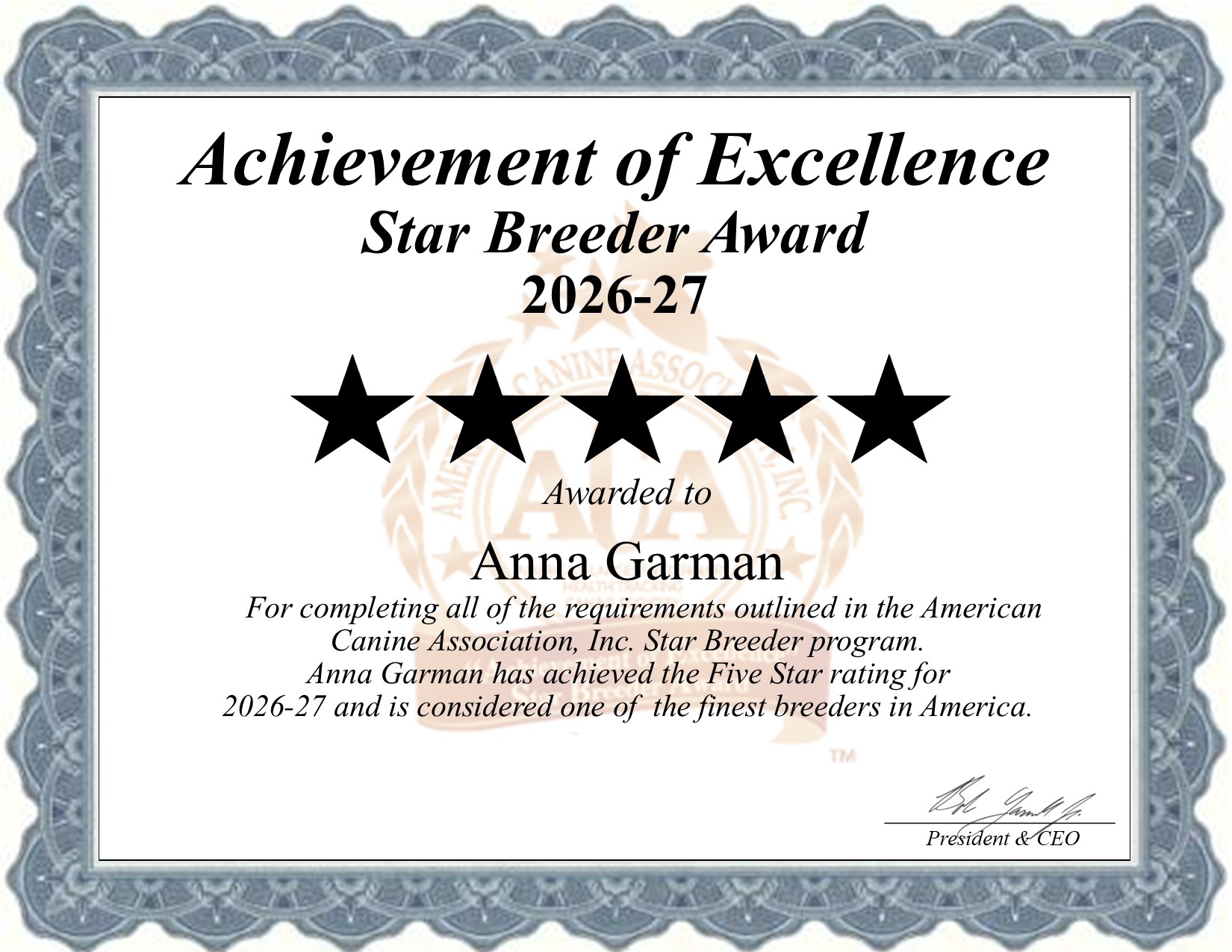 Anna, Garman, dog, breeder, star, certificate, Anna-Garman, Plymouth, OH, Ohio, puppy, dog, kennels, mill, puppymill, usda, 5-star, aca, ica, registered, Dachshund